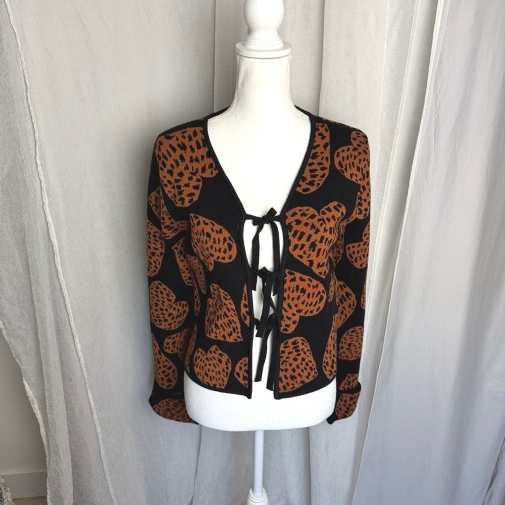 Farm Rio Leopard Hearts Cardigan Womens XS Black Rust Tie Front Cropped Sweater